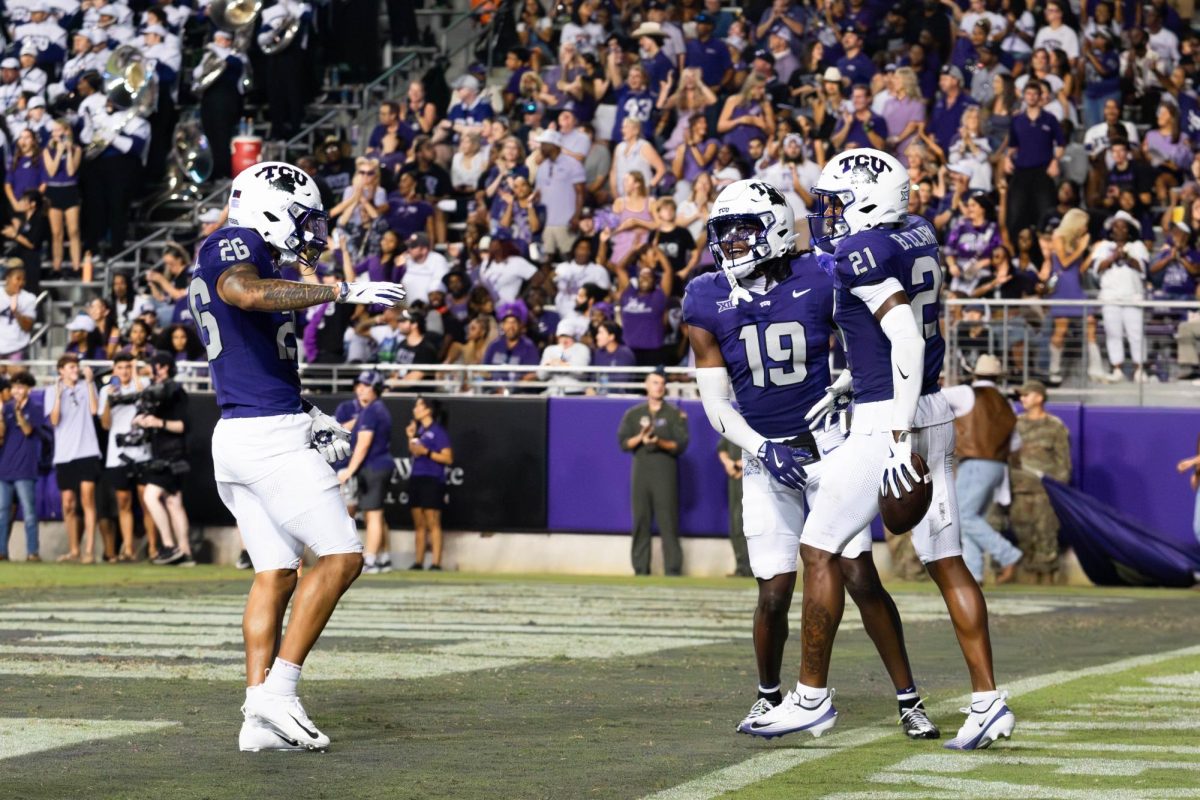The Safety Bud Clark celebrates with his teammates after scoring a touchdown at Amon G. Carter Stadium in Fort Worth, Texas Sep. 13, 2025. The TCU Horned Frogs beat the Abilene Christian Wildcats 42-21. (TCU360/Nghia Tran)