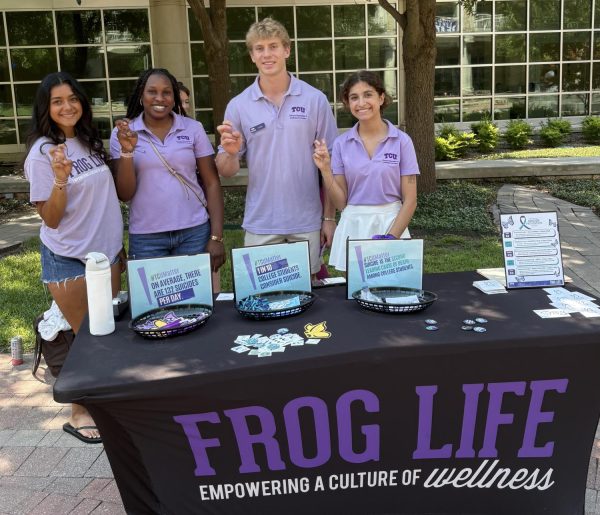 Members of the TCU Campus Recreation and Wellness Promotion, Olivia Jacob, Mama Susso, Lance Viscioni-Wilson and Janea McCoy, are pictured hosting a tabling event to give encouragement to students and share information about suicide prevention. 

