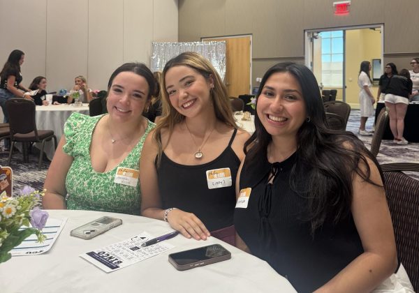 From the left: Amanda Malvik, a junior nursing major; Elizabeth Soto, a junior psychology major; and Veronica Arrocha, a senior psychology major, all studied in Seville, Spain, during the spring semester of 2025. (Sofia DelliCarpini/Staff Writer)
