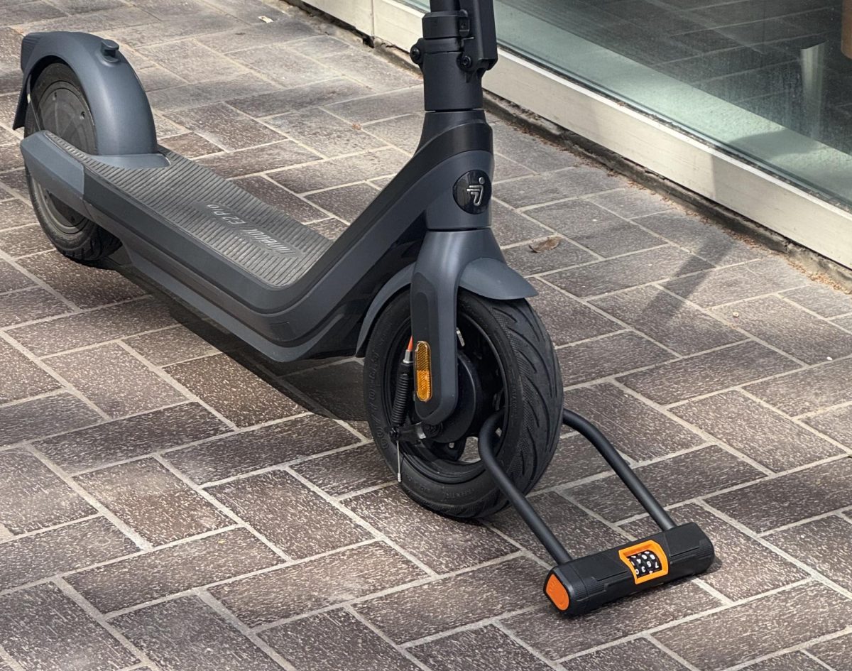 A scooter parked outside of Moudy North with a wheel lock. According to the TCU Police crime log, 17 scooters have been reported stolen since Aug. 15, 2025. (Fabian Alvidrez/Staff Writer)