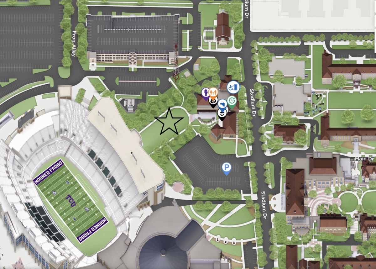 The star marks the Kelly Lawn concert location. 