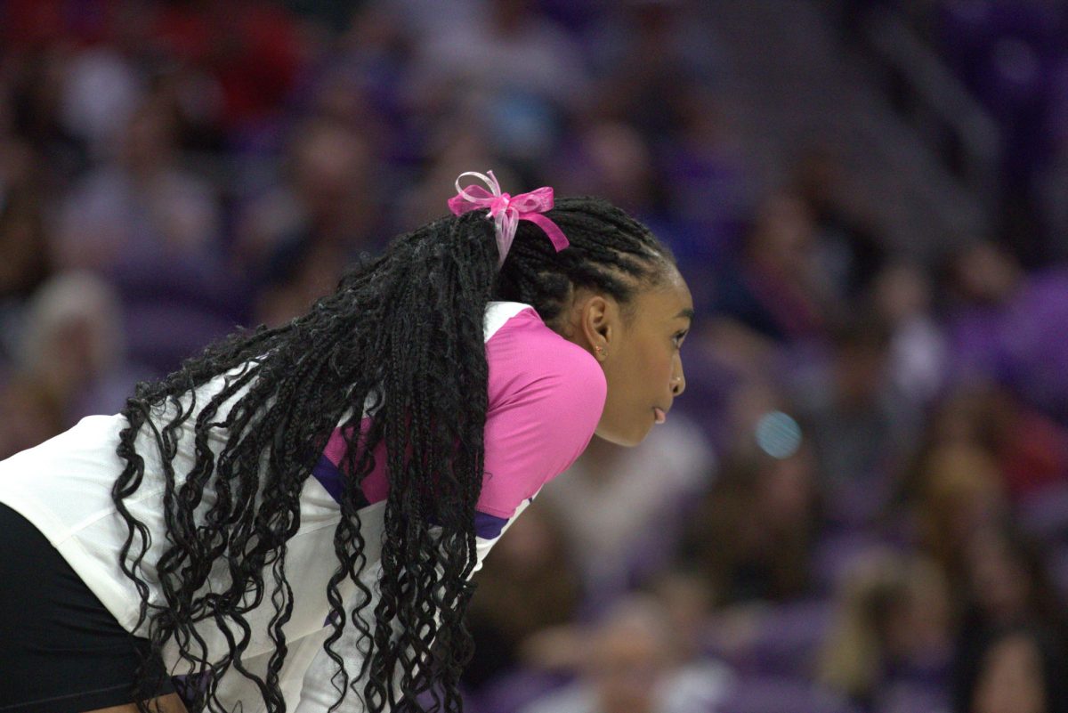TCU outside hitter Evan Hendrix prepares for a Cincinnati serve at Schollmaier Arena in Fort Worth, Texas Oct. 15, 2025. The TCU Horned Frogs beat the Cincinnati Bearcats 3-1 (TCU360/Logan Pope).