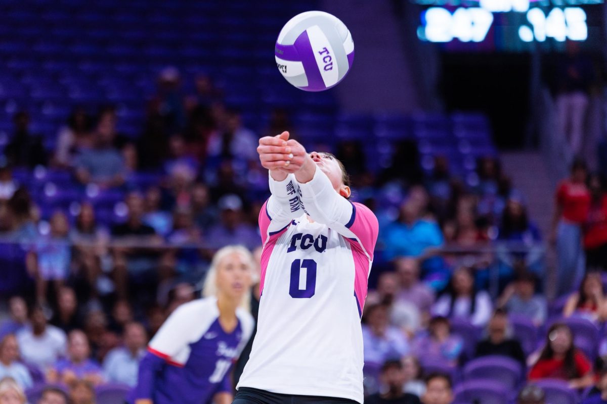 TCU libero Alice Volpe hits the ball at Schollmaier Arena in Fort Worth, Texas Oct. 17, 2025. The TCU Horned Frogs beat the Kansas State Wildcats 3-1. (TCU360/Tyler Chan)