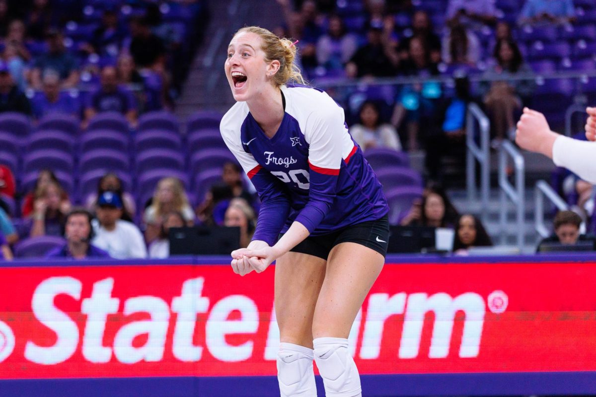 TCU setter Ella Foti celebrates after the play at Schollmaier Arena in Fort Worth, Texas Oct. 17, 2025. The TCU Horned Frogs beat the Kansas State Wildcats 3-1. (TCU360/Tyler Chan)