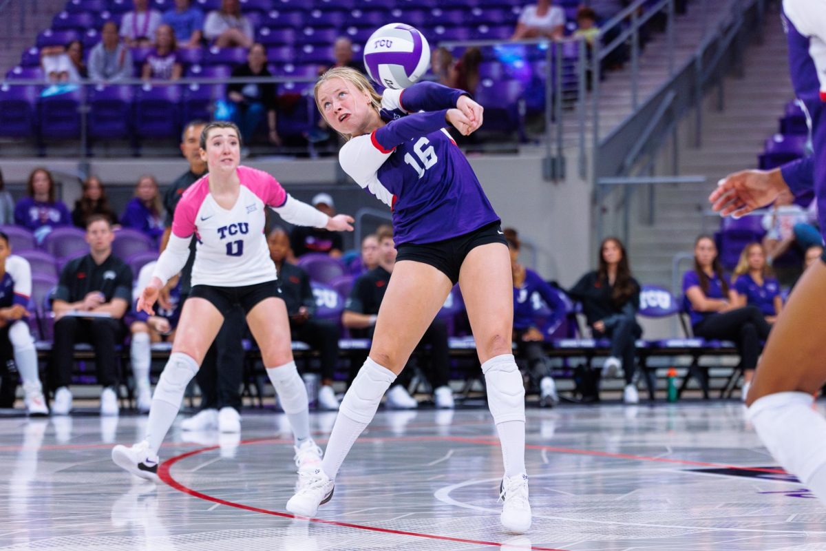 TCU defensive specialist Jaylen Clark bumps the ball at Schollmaier Arena in Fort Worth, Texas Oct. 17, 2025. The TCU Horned Frogs beat the Kansas State Wildcats 3-1. (TCU360/Tyler Chan)