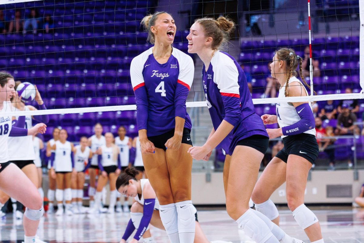 TCU middle blocker Sarah Sylvester celebrates after the play at Schollmaier Arena in Fort Worth, Texas Oct. 17, 2025. The TCU Horned Frogs beat the Kansas State Wildcats 3-1. (TCU360/Tyler Chan)