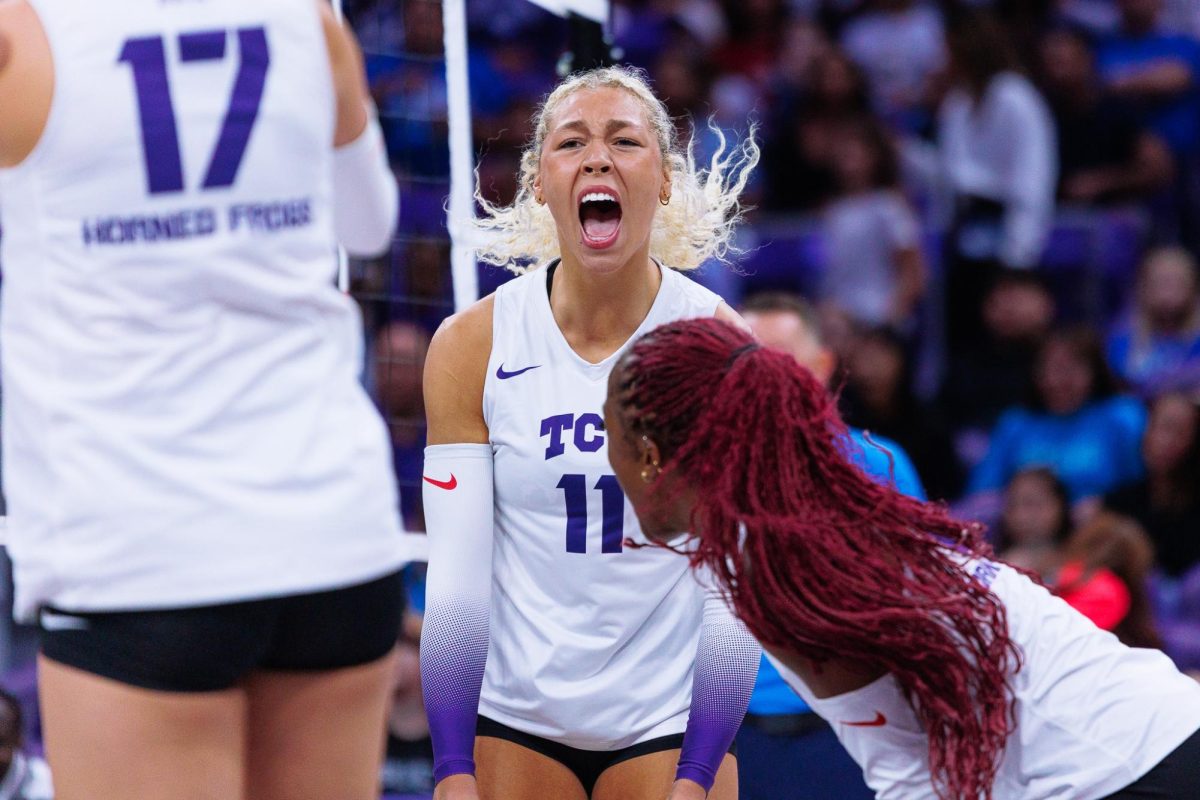 TCU outside hitter Becca Kelley celebrates after the play at Schollmaier Arena in Fort Worth, Texas, Oct. 25, 2025. The TCU Horned frogs lost to the BYU Cougars 1-3. (TCU360/ Tyler Chan)