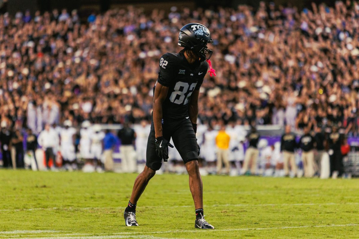 TCU wide receiver Dozie Ezukanma lines up before the playat Amon G. Carter Stadium in Fort Worth, Texas, Oct. 4, 2025. The TCU Horned Frogs beat the Colorado Buffaloes 35-21.  (TCU360/Tyler Chan)