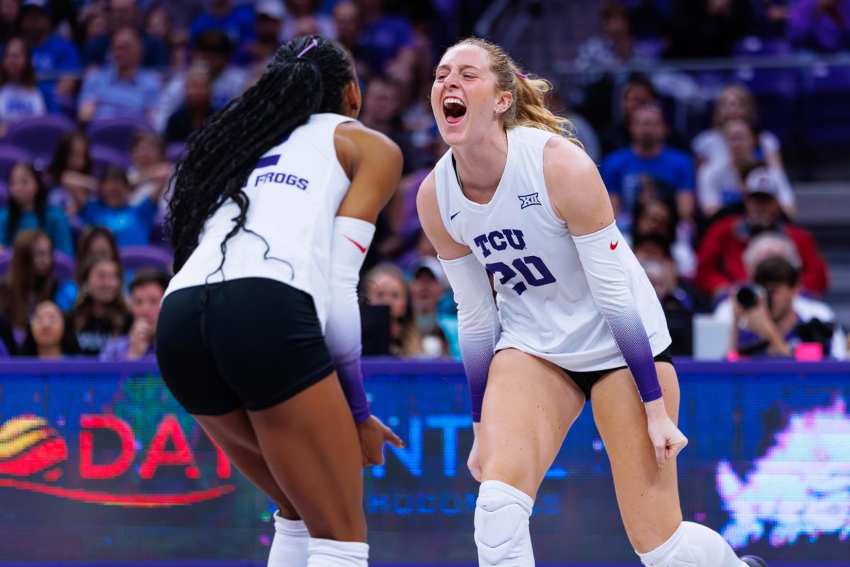 TCU setter Ella Foti celebrates after the play at Schollmaier Arena in Fort Worth, Texas, Oct. 25, 2025. The TCU Horned frogs lost to the BYU Cougars 1-3. (TCU360/ Tyler Chan)