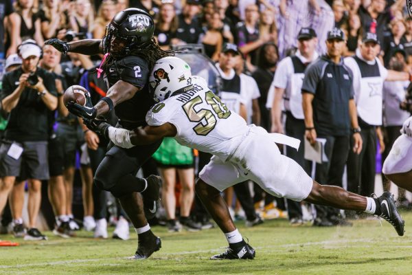 TCU running back Kevorian Barnes reaches for the pylon at Amon G. Carter Stadium in Fort Worth, Texas, Oct. 4, 2025. (TCU360/Tyler Chan)