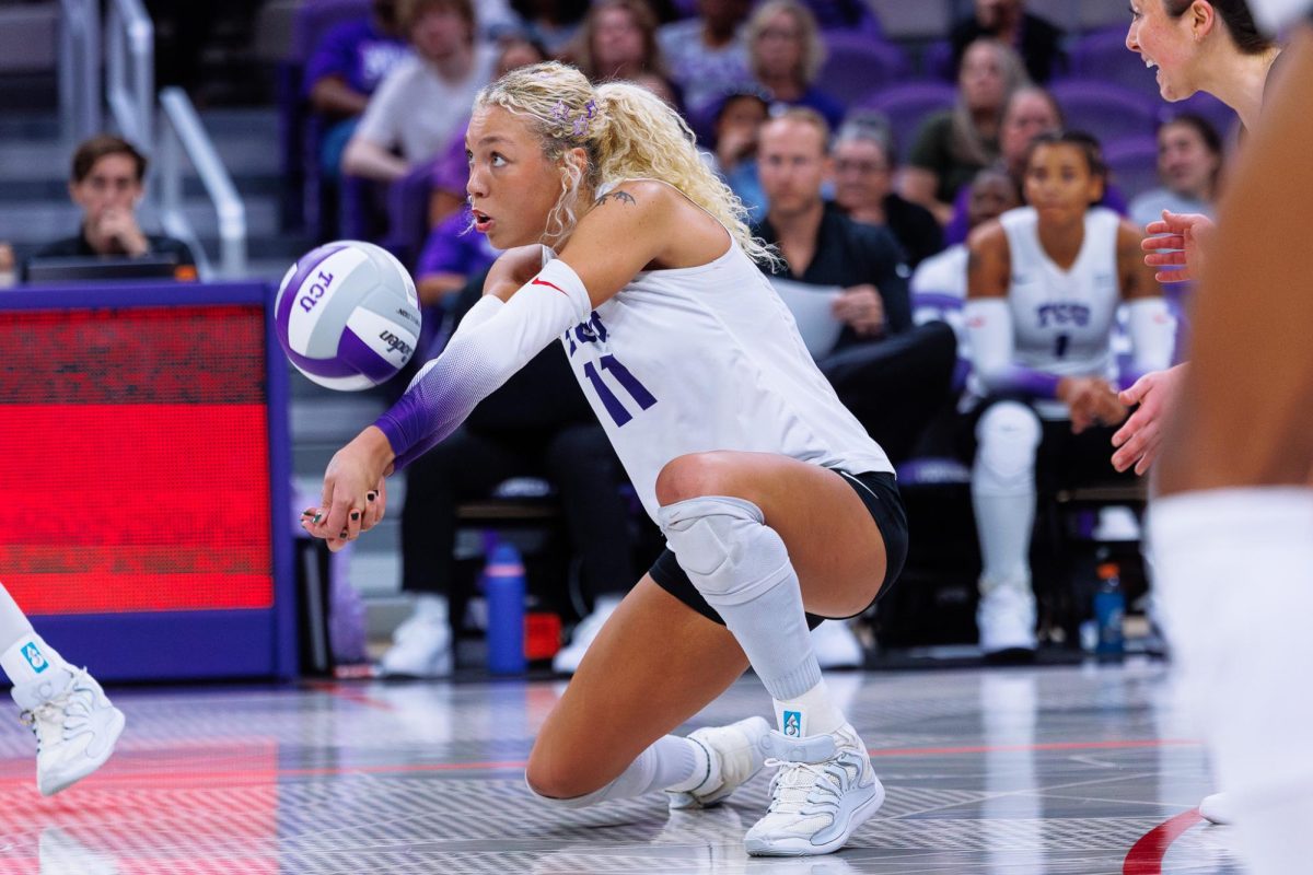 TCU outside hitter Becca Kelley hits the ball at Schollmaier Arena in Fort Worth, Texas, Oct. 25, 2025. The TCU Horned frogs lost to the BYU Cougars 1-3. (TCU360/ Tyler Chan)