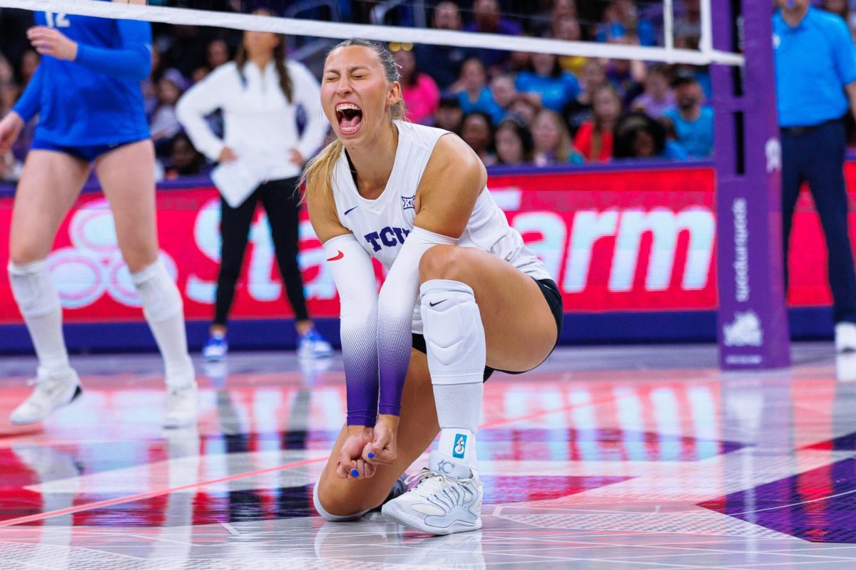 TCU middleback Sarah Sylvester celebrates after the play at Schollmaier Arena in Fort Worth, Texas, Oct. 25, 2025. The TCU Horned frogs lost to the BYU Cougars 1-3. (TCU360/ Tyler Chan)