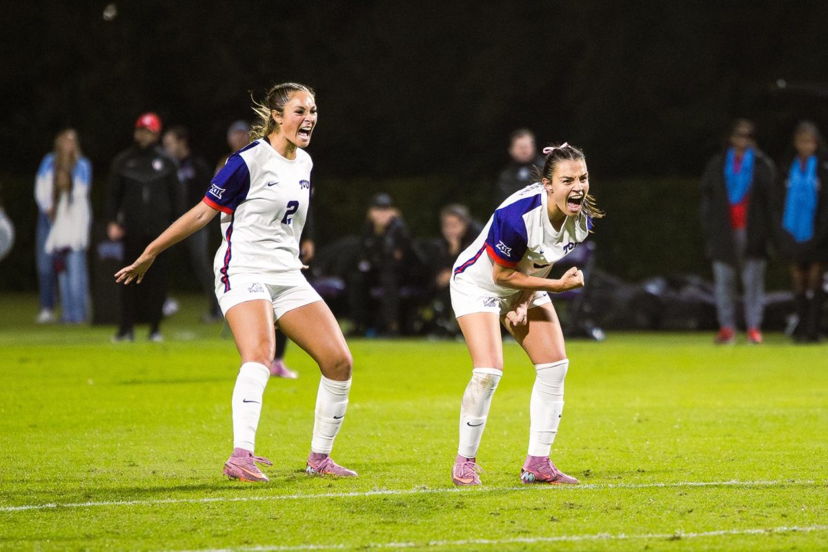 TCU players Sydney Becerra (left) and AJ Hennessey (right) celebrate after scoring a goal at Garvey Rosenthal Stadium in Fort Worth, Texas, Oct. 30, 2025. The TCU Horned Frogs beat the Houston Cougars 2-0. (TCU360/Tyler Chan)