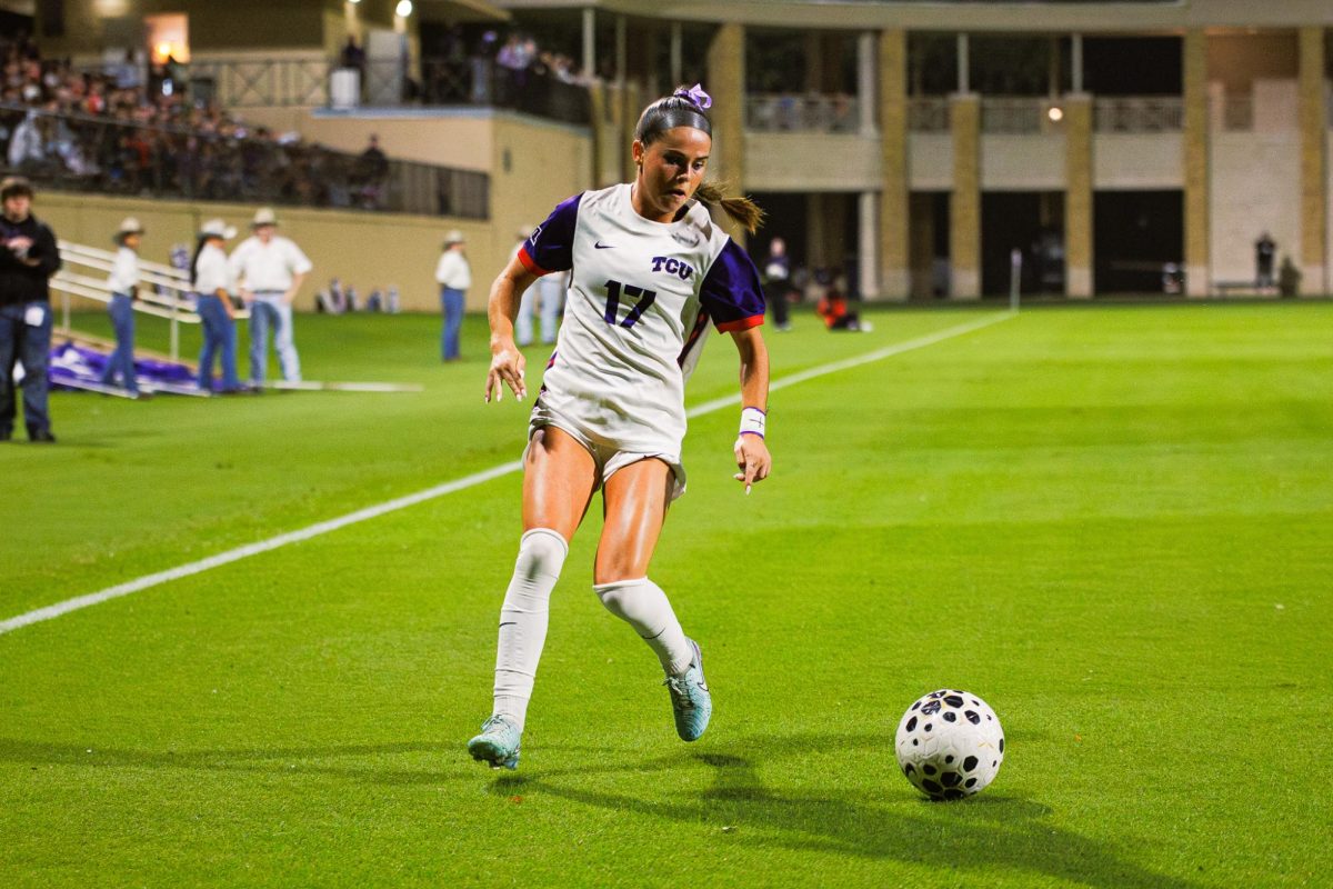 TCU defender Cameron Patton possess the ballat Garvey Rosenthal Stadium in Fort Worth, Texas, Oct. 30, 2025. The TCU Horned Frogs beat the Houston Cougars 2-0. (TCU360/Tyler Chan)