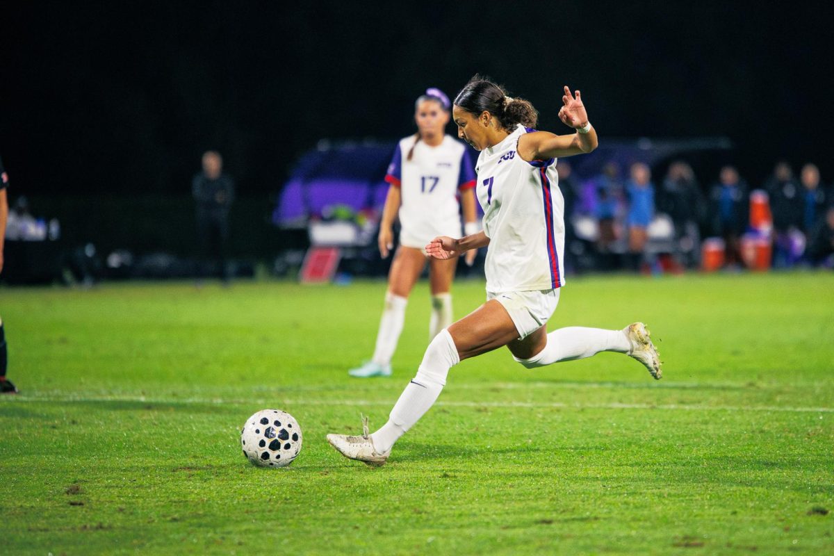 TCU forward Seven Castain kicks a penalty kick at Garvey Rosenthal Stadium in Fort Worth, Texas, Oct. 30, 2025. The TCU Horned Frogs beat the Houston Cougars 2-0. (TCU360/Tyler Chan)