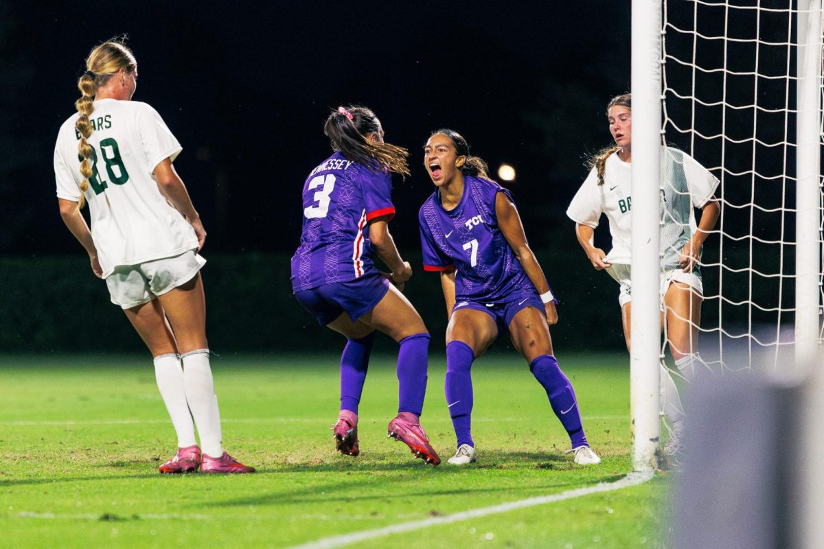 TCU forward AJ Hennessy (left) and forward Seven Castain (right) celebrate after scoring a goal at Garvey Rosenthal Stadium in Fort Worth, Texas, Oct. 16, 2025. The TCU Horned Frogs beat the Baylor Bears 3-0. (TCU360/Tyler Chan)
