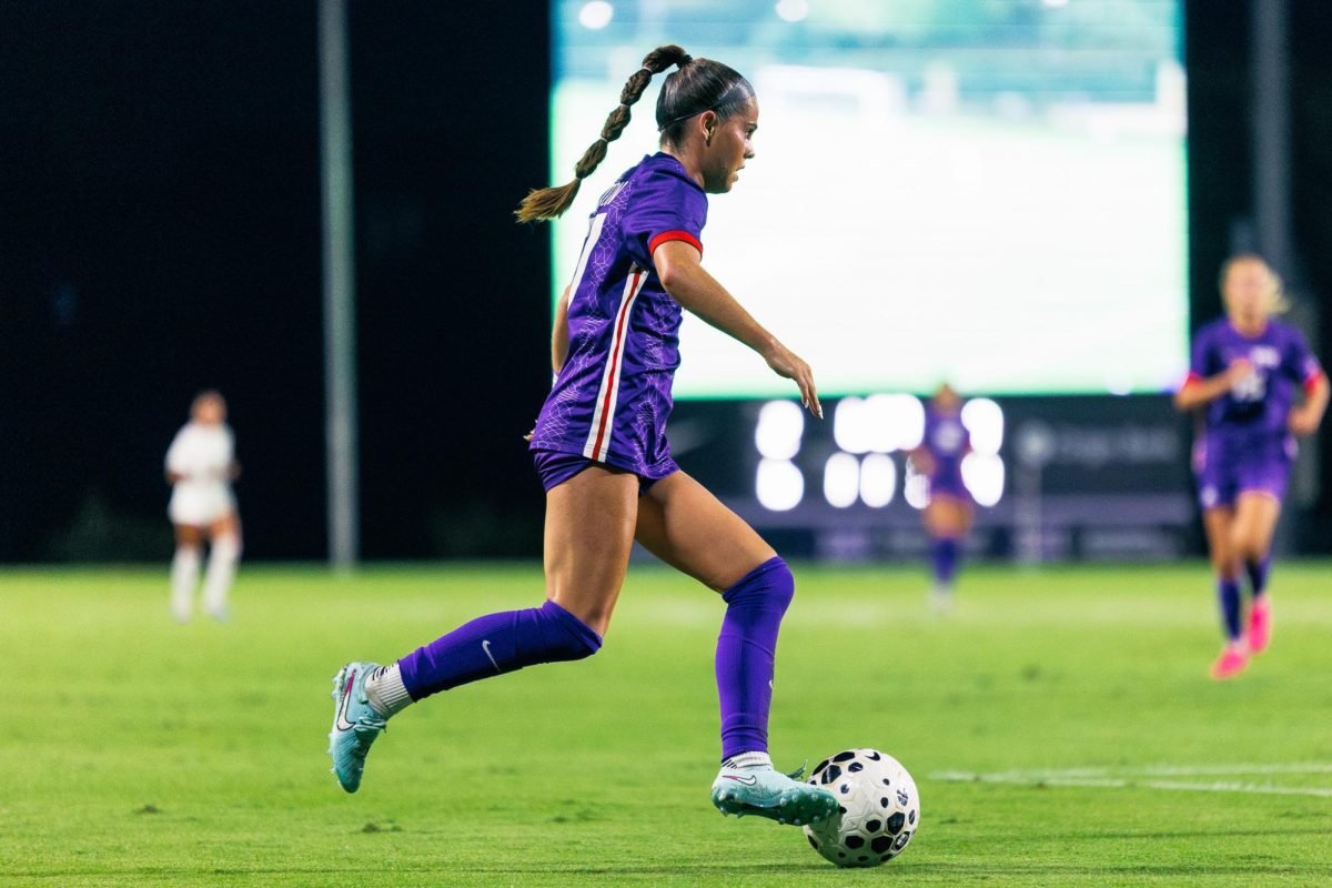 TCU defender Cameron Patton dribbles the ball towards the net at Garvey Rosenthal Stadium in Fort Worth, Texas, Oct. 16, 2025. The TCU Horned Frogs beat the Baylor Bears 3-0. (TCU360/Tyler Chan)