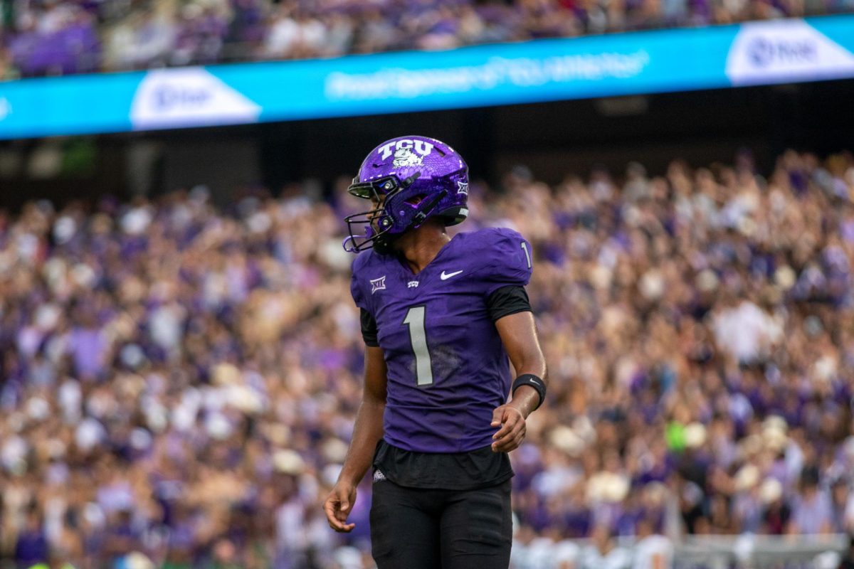 TCU wide receiver Eric McAlister makes his way to the line of scrimmage at Amon G. Carter Stadium in Fort Worth, Texas Oct 18, 2025. The TCU Horned Frogs defeated the Baylor Bears 42-36 (TCU360/Logan Pope).