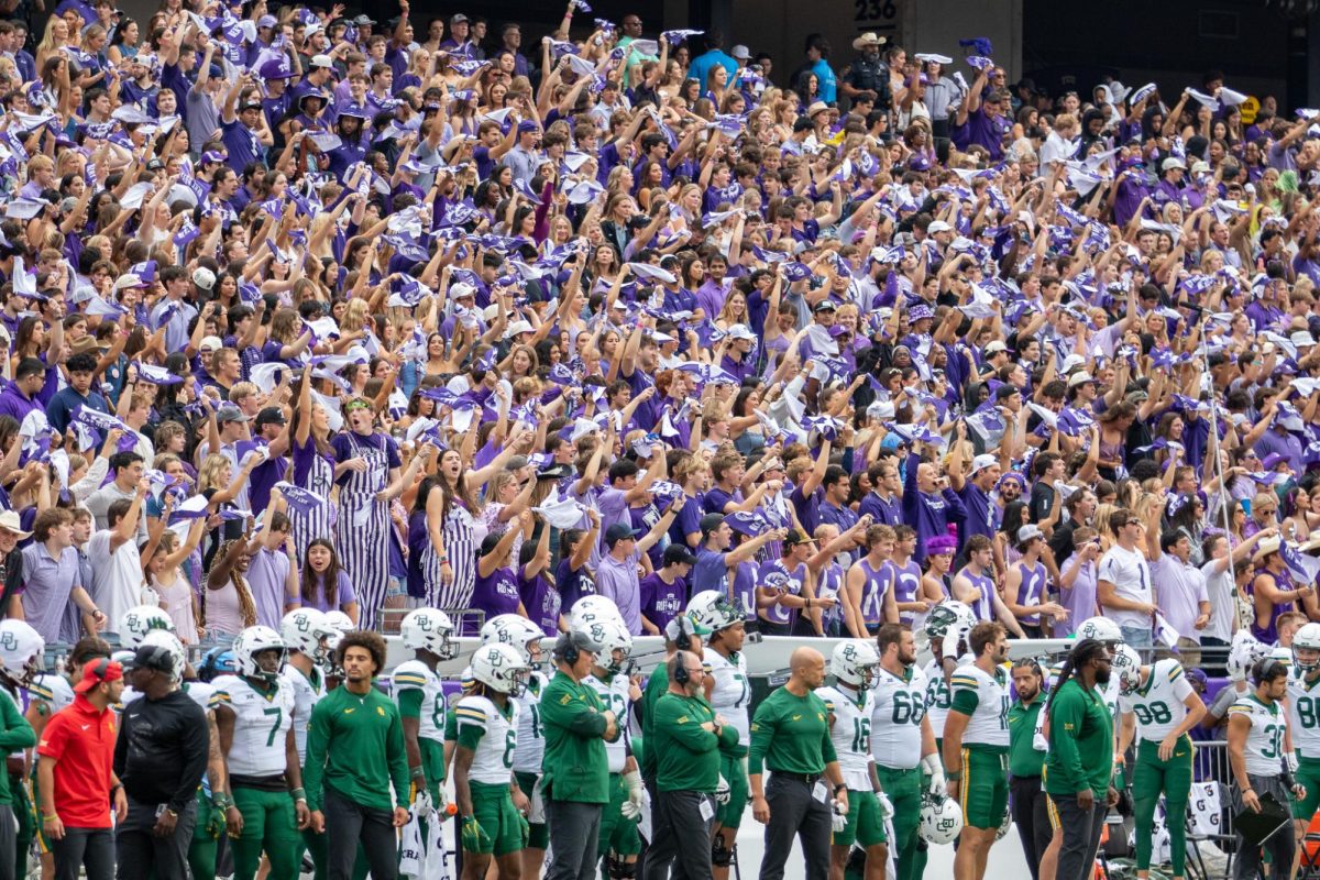 TCU students wave rally towels before kickoff at Amon G. Carter Stadium in Forth Worth, Texas Oct 18, 2025. The TCU Horned Frogs defeated the Baylor Bears 42-36 (TCU360/Logan Pope).