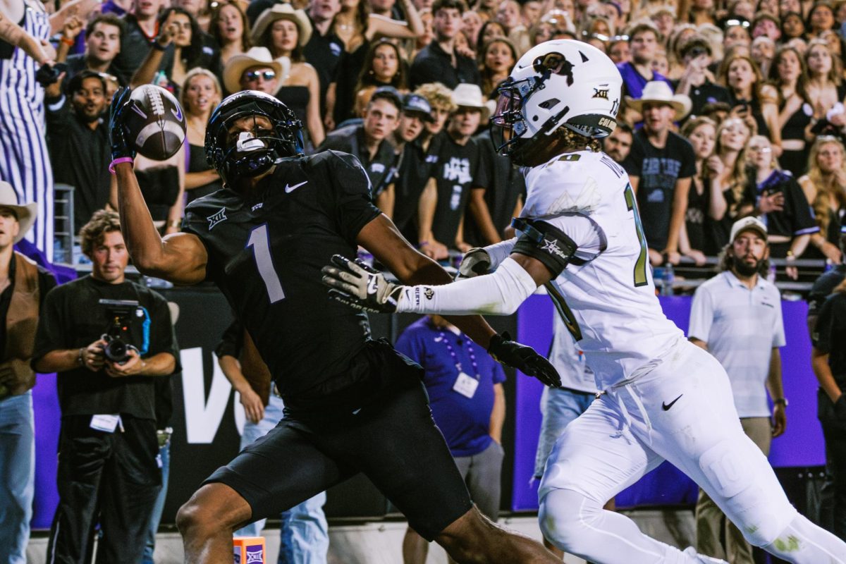 TCU wide receiver Eric McAlister makes a one handed catch for a touchdown at Amon G. Carter Stadium in Fort Worth, Texas, Oct. 4, 2025. (TCU360/Tyler Chan)