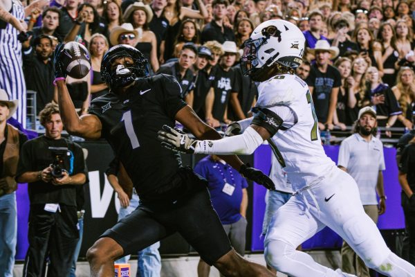 TCU wide receiver Eric McAlister makes a one handed catch for a touchdown at Amon G. Carter Stadium in Fort Worth, Texas, Oct. 4, 2025. (TCU360/Tyler Chan)