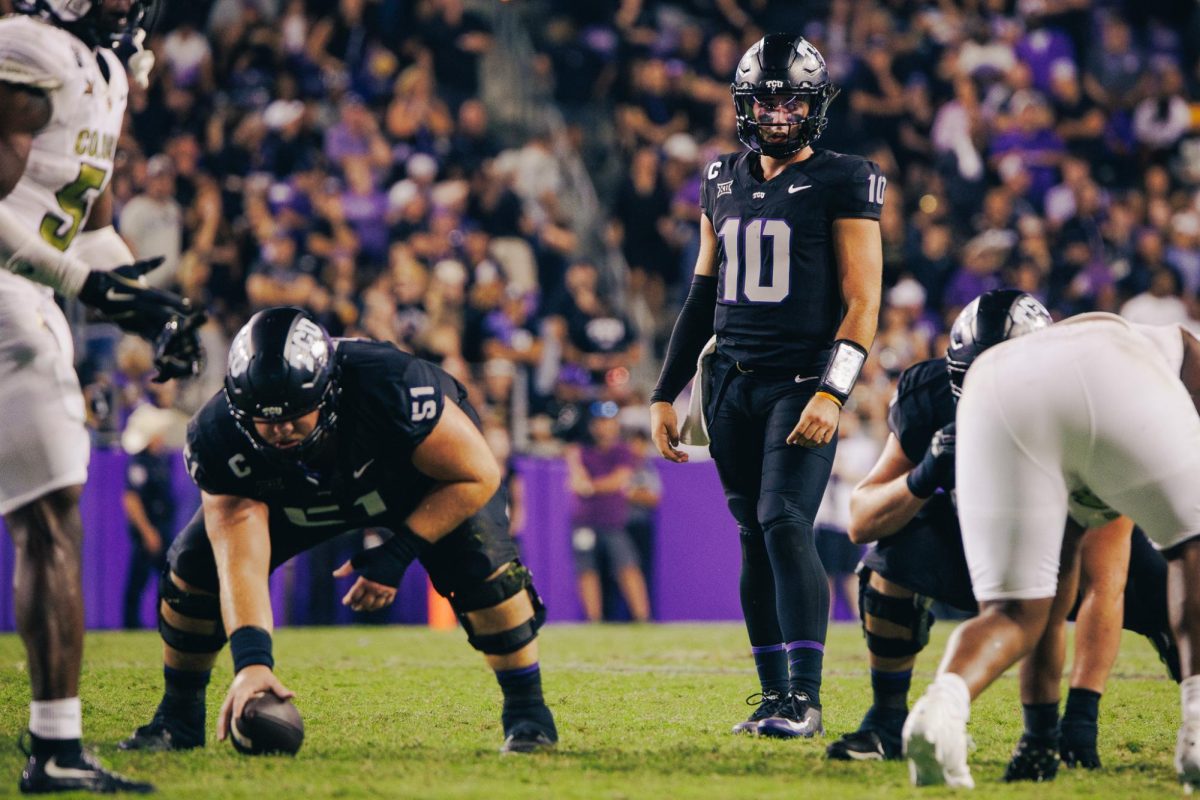 TCU quarterback Josh Hoover lines up for the snap at Amon G. Carter Stadium in Fort Worth, Texas, Oct. 4, 2025. The TCU Horned Frogs beat the Colorado Buffaloes 35-21.  (TCU360/Tyler Chan)