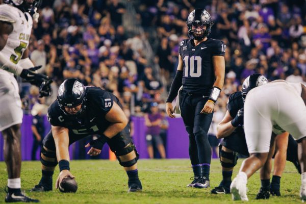 TCU quarterback Josh Hoover lines up for the snap at Amon G. Carter Stadium in Fort Worth, Texas, Oct. 4, 2025. The TCU Horned Frogs beat the Colorado Buffaloes 35-21.  (TCU360/Tyler Chan)