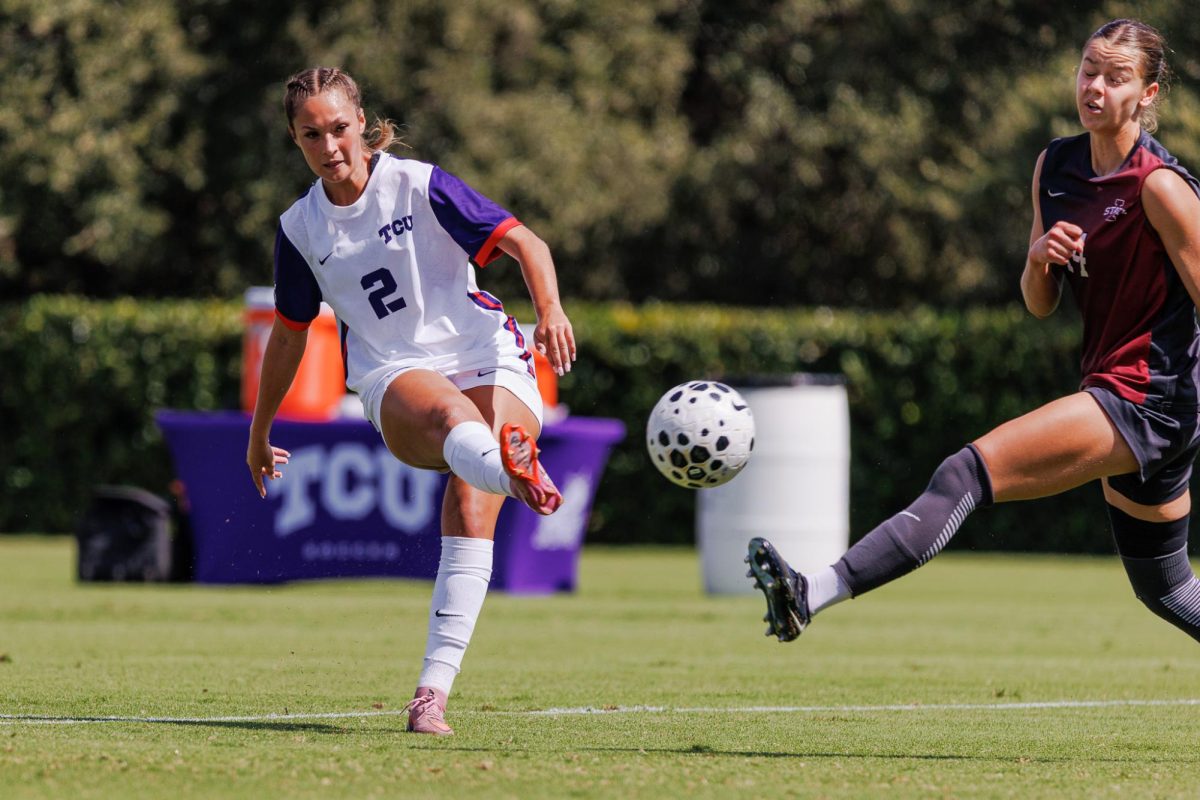 TCU midfielder Sydney Becerra kicks the ball towards the net at Garvey Rosenthal Stadium in Fort Worth, Texas Oct. 5, 2025. The TCU Horned Frogs beat the Iowa State Cyclones 3-1 (TCU360/ Tyler Chan) 