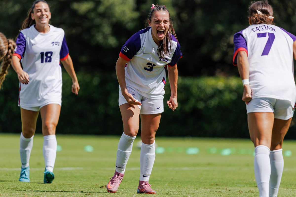 TCU forward AJ Hennessey celebrates after scoring a goal at Garvey Rosenthal Stadium in Fort Worth, Texas Oct. 5, 2025. The TCU Horned Frogs beat the Iowa State Cyclones 3-1 (TCU360/ Tyler Chan) 