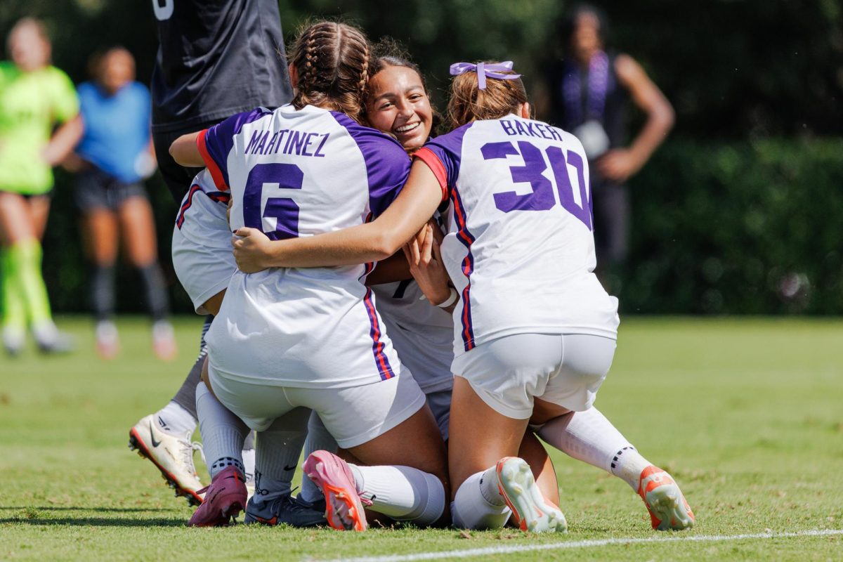 TCU forward Seven Castain (middle) celebrates with her teammates Kaela Martinez (left) and Evie Baker (right) at Garvey Rosenthal Stadium in Fort Worth, Texas Oct. 5, 2025. The TCU Horned Frogs beat the Iowa State Cyclones 3-1 (TCU360/ Tyler Chan) 