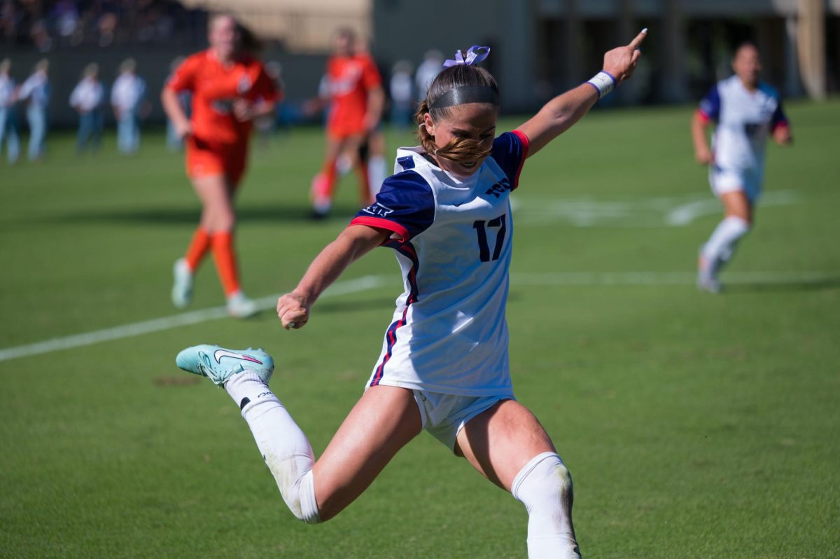 TCU defender Cameron Patton shoots the ball at Garvey Rosenthal Stadium in Fort Worth, Texas Oct. 19, 2025. The TCU Horned Frogs beat the Oklahoma State Cowgirls 3-1 (TCU360/ Keegan Schmidt)