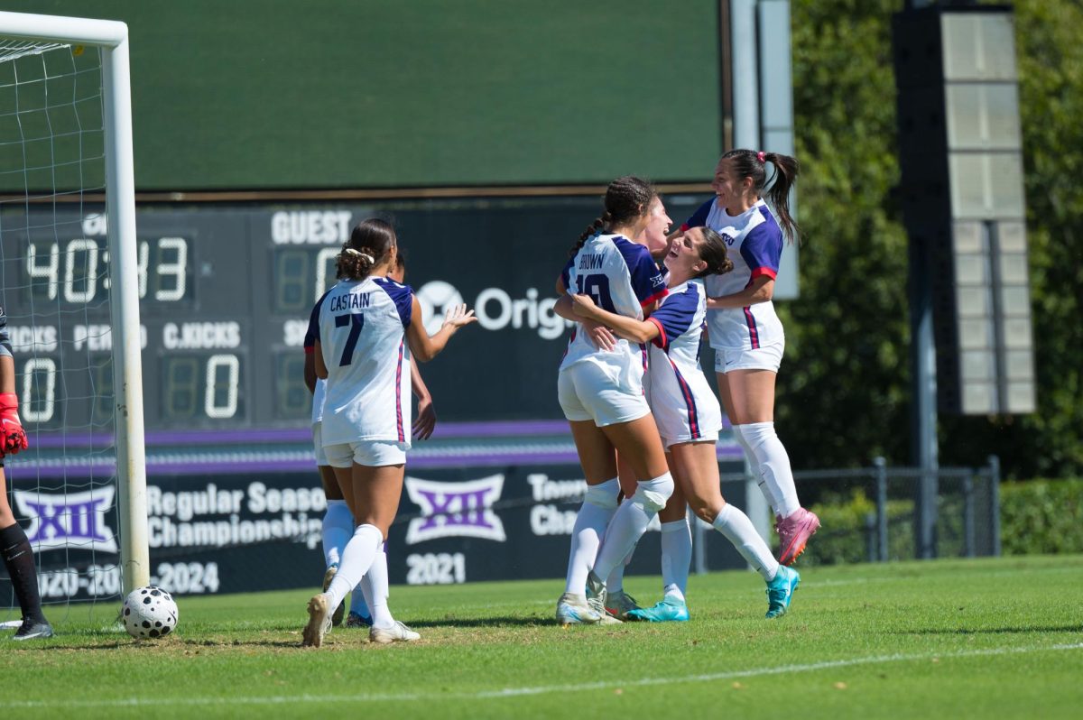 TCU Women's Soccer team celebrates scoring a goal at Garvey Rosenthal Stadium in Fort Worth, Texas Oct. 19, 2025. The TCU Horned Frogs beat the Oklahoma State Cowgirls 3-1 (TCU360/ Keegan Schmidt)