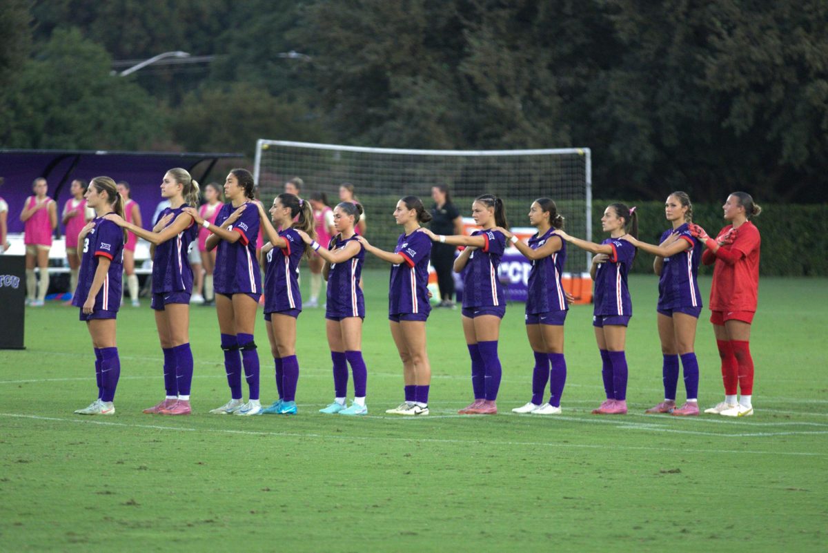 The TCU Horned Frogs soccer team stands for the national anthem at Garvey-Rosenthal Stadium in Fort Worth, Texas, Oct. 2, 2025. TCU lost 3-1 to the Colorado Buffaloes (TCU360/Logan Pope).