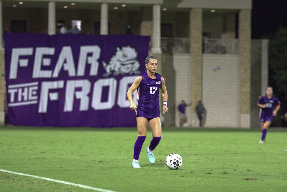 TCU defender Cameron Patton looks for open teammates at Garvey-Rosenthal Stadium in Fort Worth, Texas, Oct. 2, 2025. TCU lost to the Colorado Buffaloes 3-1 (TCU360/Logan Pope).