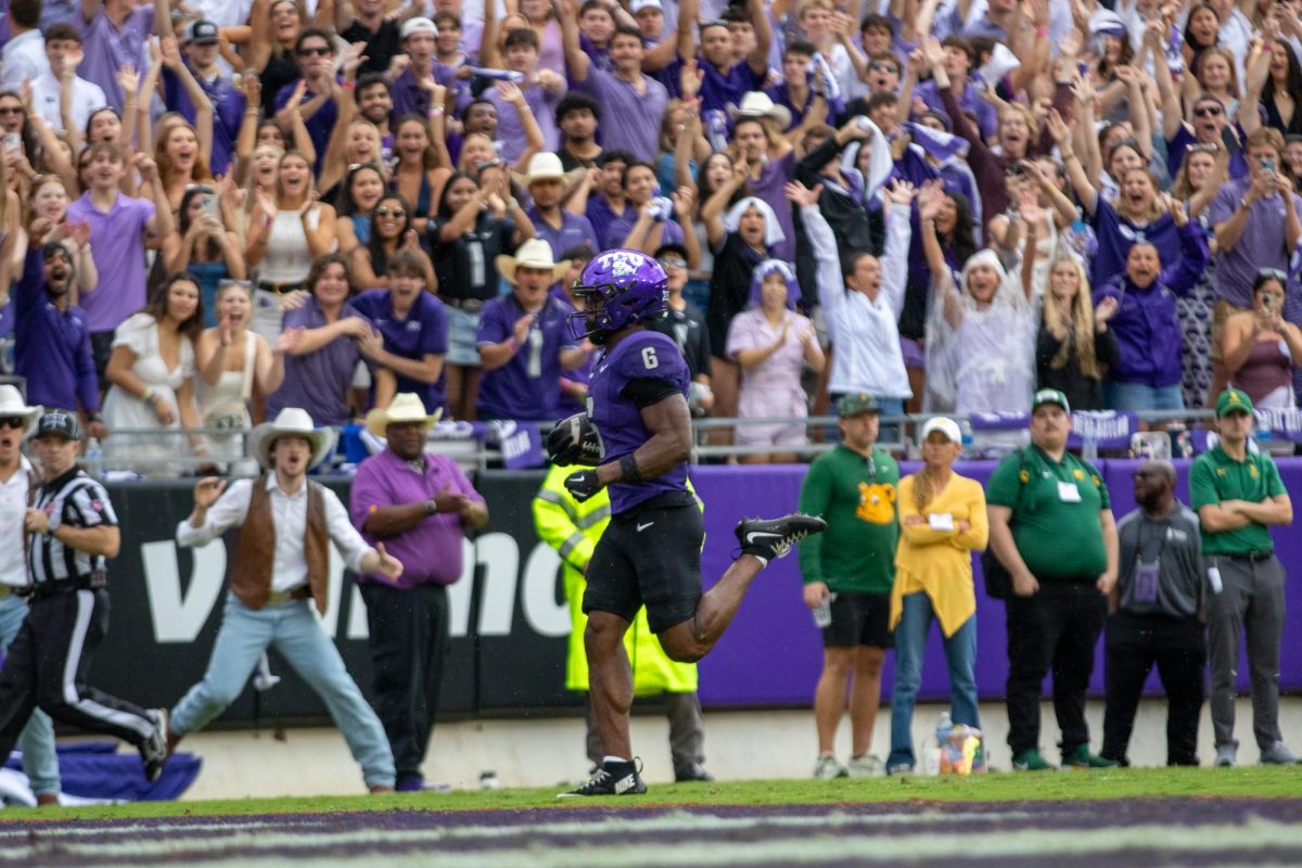 TCU running back Trent Battle jogs into the end zone at Amon G. Carter Stadium in Fort Worth, Texas Oct 18, 2025. The TCU Horned Frogs defeated the Baylor Bears 42-36 (TCU360/Logan Pope).