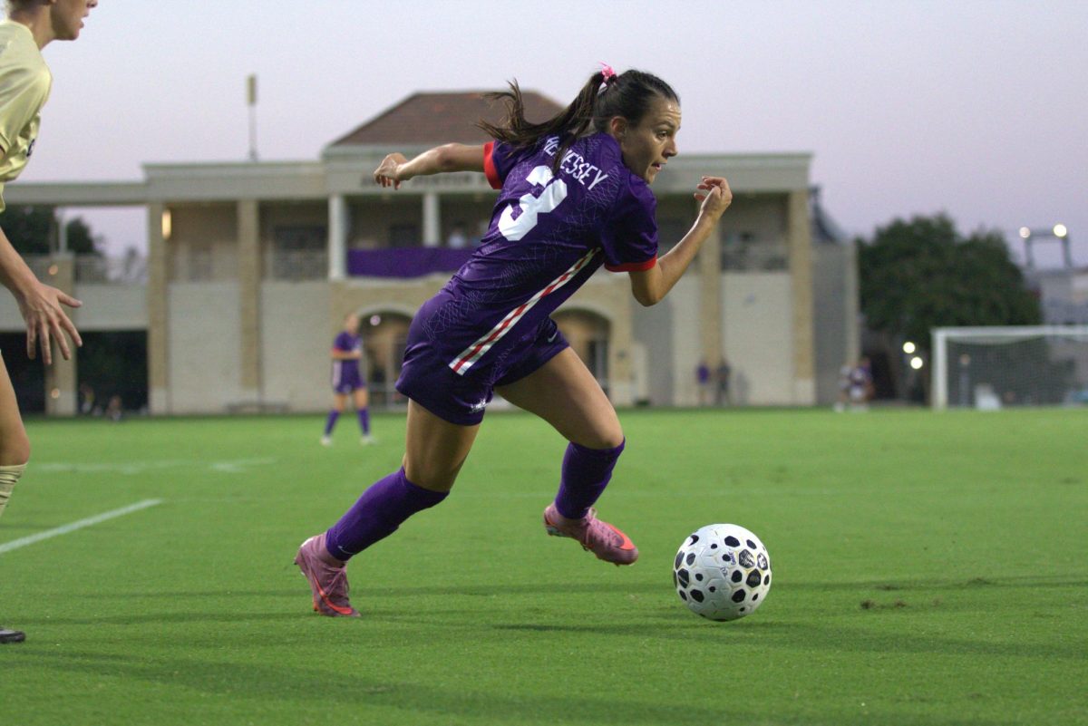 TCU forward AJ Hennessey maneuvers past a defender at Garvey-Rosenthal Stadium in Fort Worth, Texas, Oct. 2, 2025. TCU lost to the Colorado Buffaloes 3-1 (TCU360/Logan Pope).