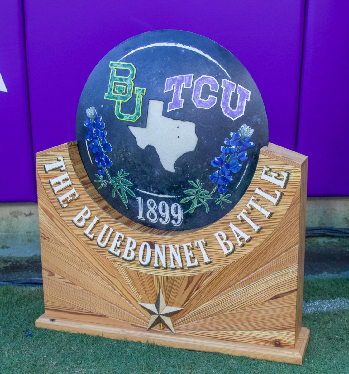 The Bluebonnet Battle Trophy at Amon G. Carter Stadium in Fort Worth, Texas Oct 18, 2025. The TCU Horned Frogs defeated the Baylor Bears 42-36 and claimed the trophy (TCU360/Logan Pope).