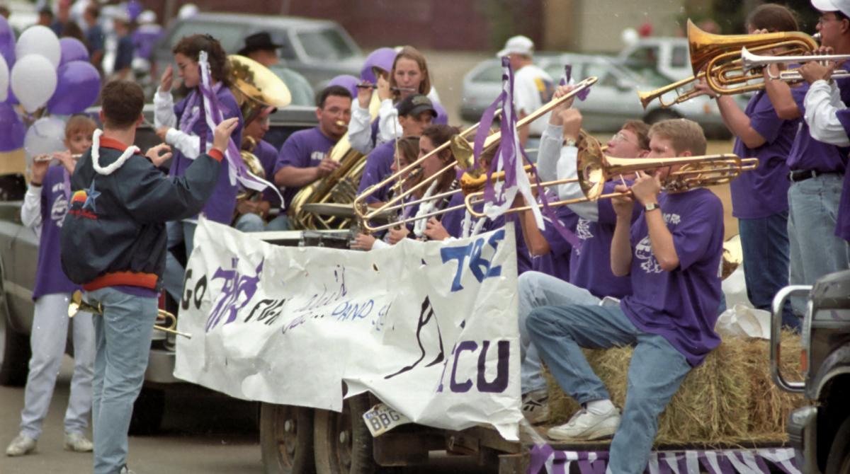 TCU band members perform from a flatbed truck during a homecoming parade on Oct. 24, 1996. (Photo courtesy of TCU Archives)
