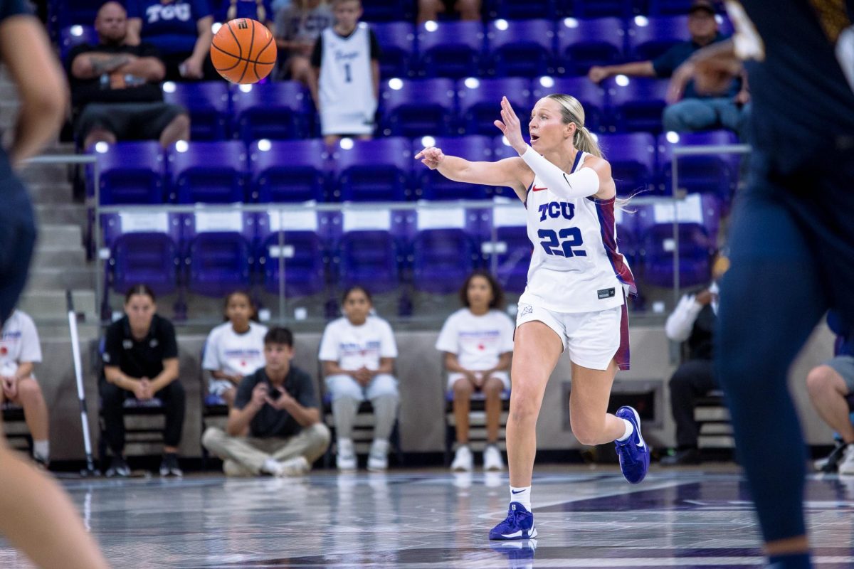TCU guard Maddie Scherr passes the ball at Schollmaier Arena in Fort Worth, Texas, Nov. 6, 2025. The TCU Horned Frogs beat the North Carolina A&T Aggies 82-43.(TCU360/Tyler Chan)