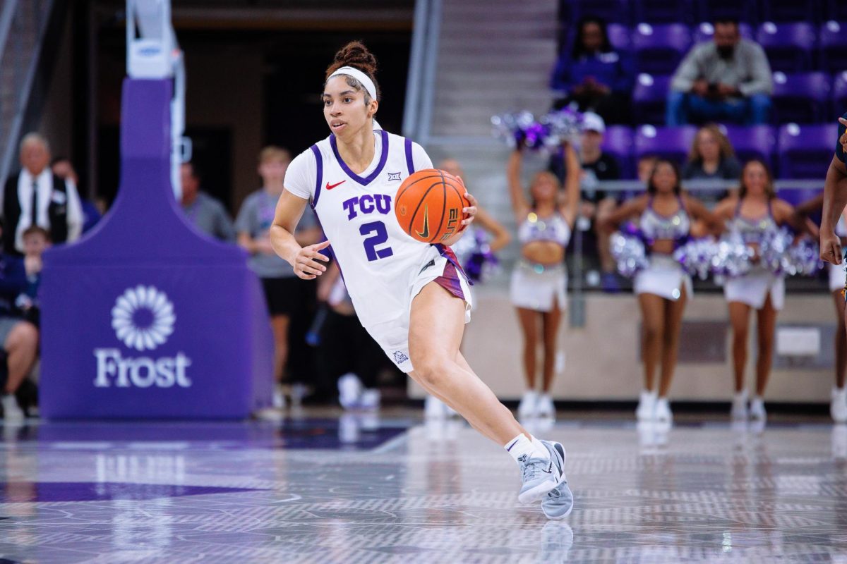 TCU guard Veronica Sheffey drives up the court at Schollmaier Arena in Fort Worth, Texas, Nov. 6, 2025. The TCU Horned Frogs beat the North Carolina A&T Aggies 82-43. (TCU360/Tyler Chan)