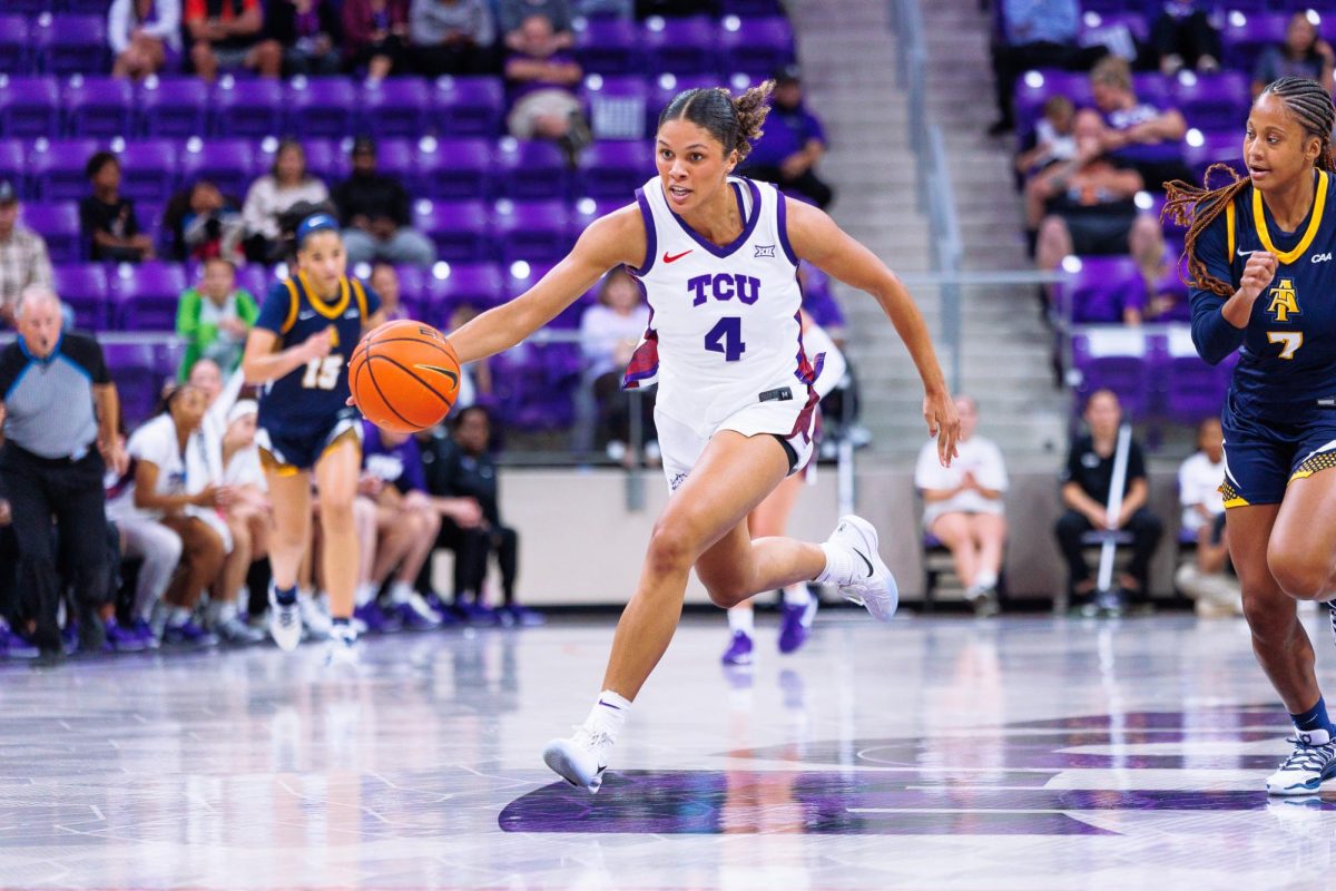 TCU guard Donovan Hunter drives towards the basket at Schollmaier Arena in Fort Worth, Texas, Nov. 6, 2025. The TCU Horned Frogs beat the North Carolina A&T Aggies 82-43.(TCU360/Tyler Chan)