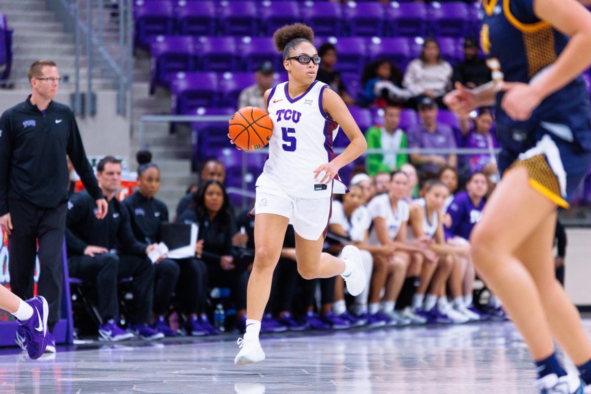 TCU guard Olivia Miles dribbles the ball up the court at Schollmaier Arena in Fort Worth, Texas, Nov. 6, 2025. The TCU Horned Frogs beat the North Carolina A&T Aggies 82-43. (TCU360/Tyler Chan)