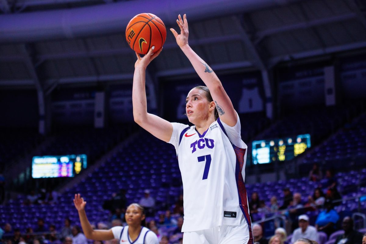 TCU forward Marta Suarez shoots a three pointer at Schollmaier Arena in Fort Worth, Texas, Nov. 6, 2025. The TCU Horned Frogs beat the North Carolina A&T Aggies 82-43.(TCU360/Tyler Chan)