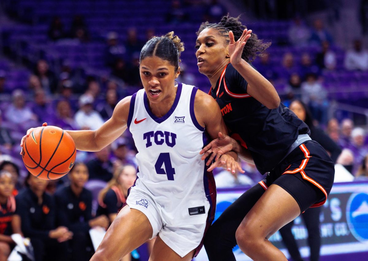 TCU guard Donovyn Hunter drives towards the basket at Schollmaier Arena in Fort Worth, Texas, Nov. 9, 2025. (TCU360/Tyler Chan)