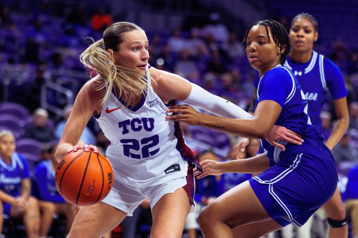 TCU guard Maddie Scherr battles down in the paint at Schollmaier Arena in Fort Worth, Texas, Nov. 12, 2025. (TCU360/Tyler Chan)