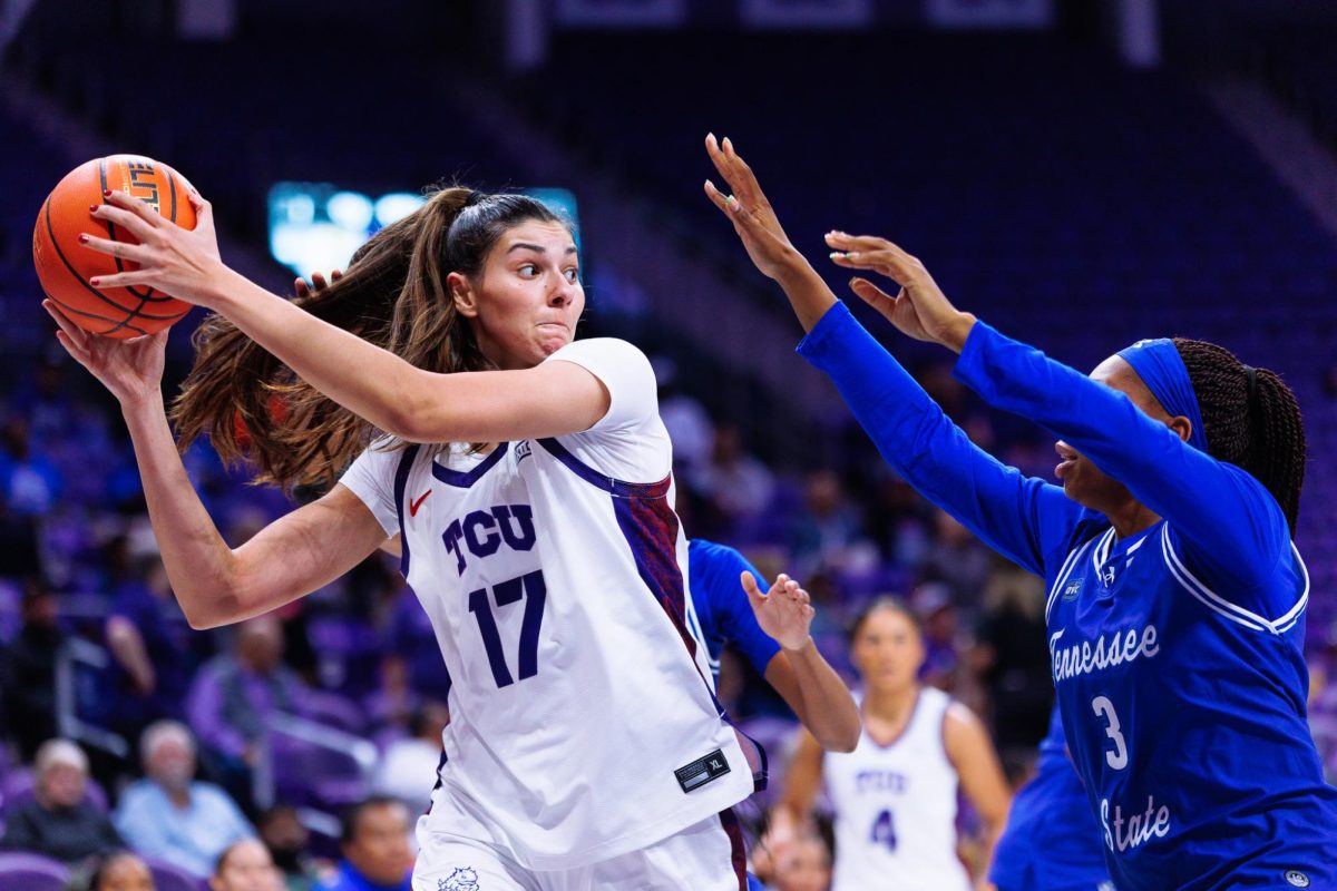 TCU center Clara Silva looks to pass the ball at Schollmaier Arena in Fort Worth, Texas, Nov. 12, 2025. (TCU360/Tyler Chan)