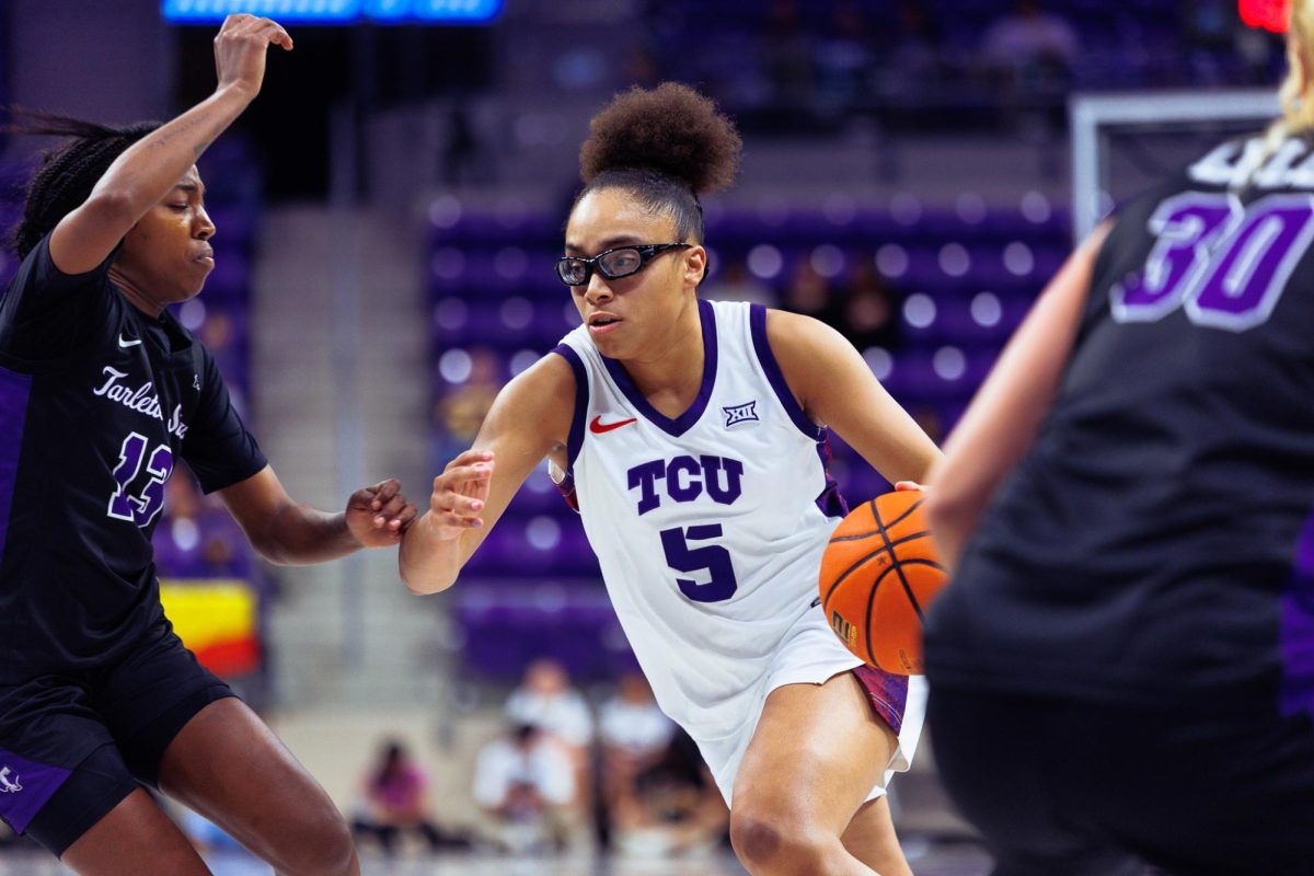TCU guard Olivia Miles drives to the basket at Schollmaier Arena in Fort Worth, Texas, Nov. 20, 2025. The TCU Horned Frogs beat the Tarleton State Texans 80-32. (TCU360/ Tyler Chan)