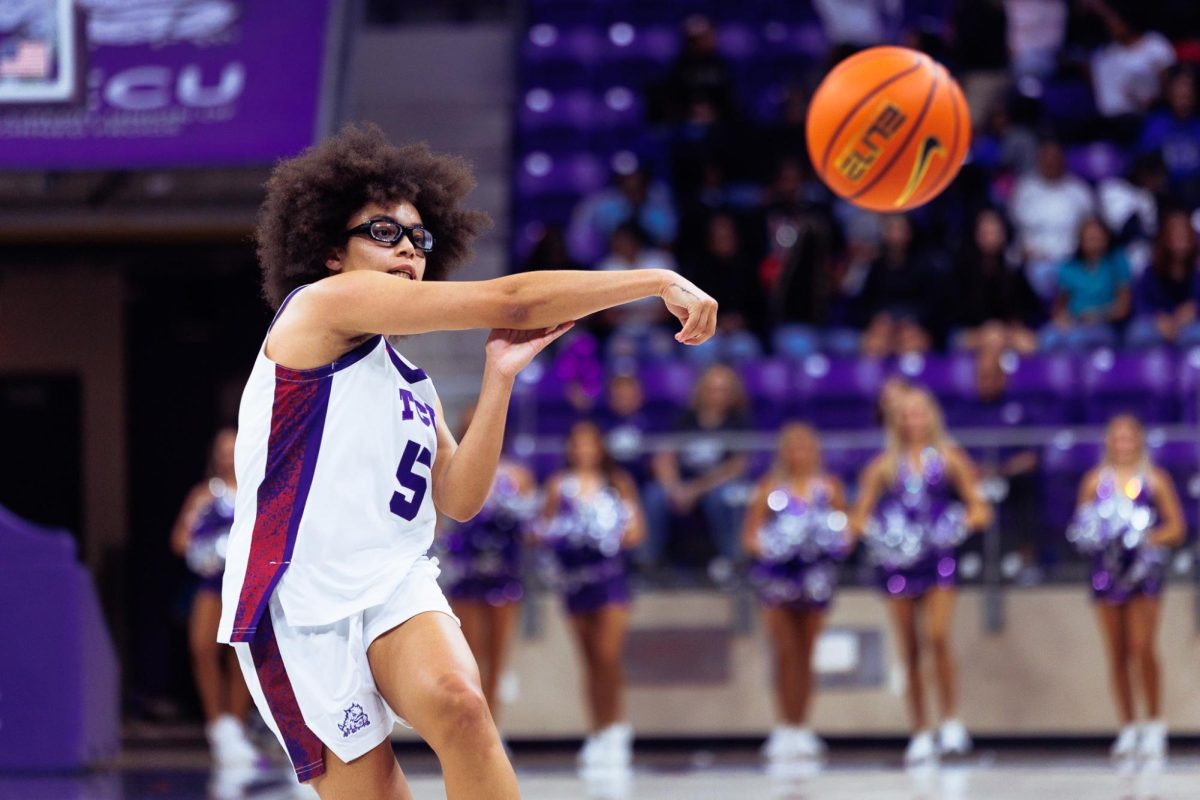 TCU guard Olivia Miles passes the ball to her teammate at Schollmaier Arena in Fort Worth, Texas, Nov. 12, 2025. (TCU360/Tyler Chan)