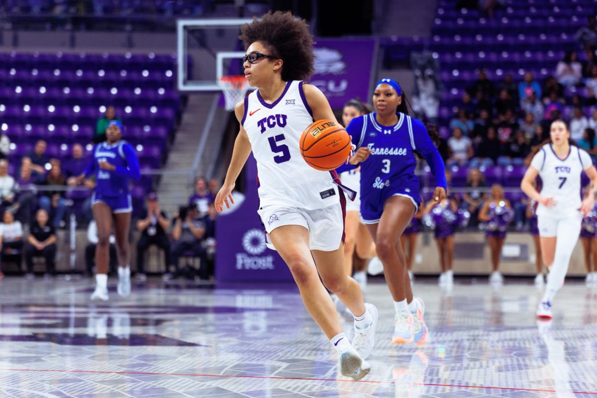 TCU guard Olivia Miles dribbles the ball up the court at Schollmaier Arena in Fort Worth, Texas, Nov. 12, 2025. (TCU360/Tyler Chan)