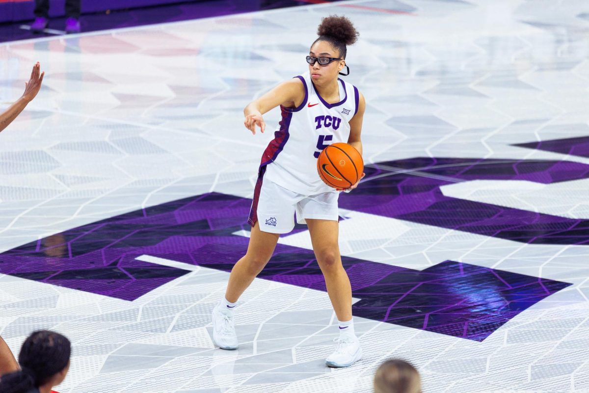 TCU guard Olivia Miles looks to pass the ball at Schollmaier Arena in Fort Worth, Texas, Nov. 20, 2025. The TCU Horned Frogs beat the Tarleton State Texans 80-32. (TCU360/ Tyler Chan)